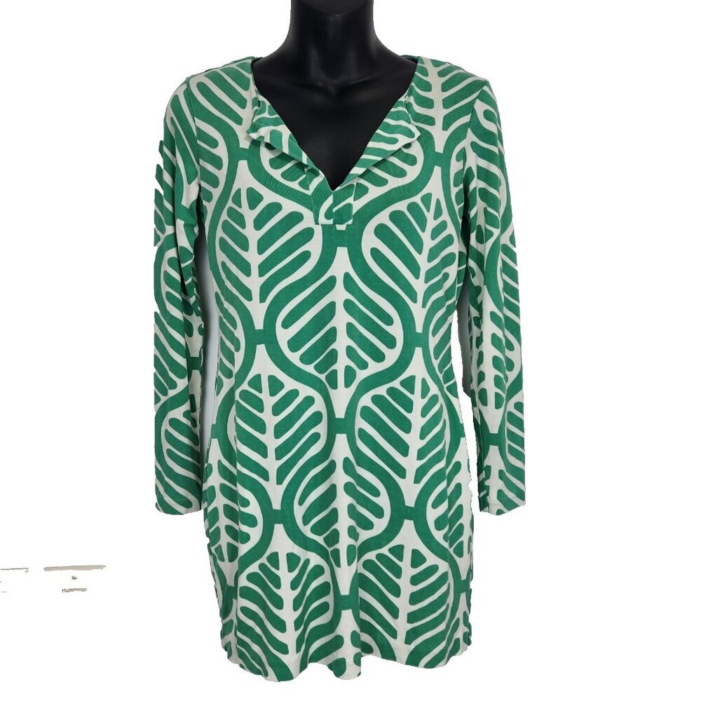 Diane Von Furstenberg 100% Silk Tunic‎ Top 4 White Green Leaf Print Long Sleeve